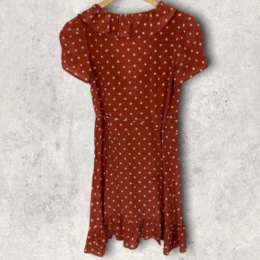 Realisation Par 100% Silk Brown Polka Dot‎ Ruffle Wrap Dress Size XS Valentina - Picture 5 of 11